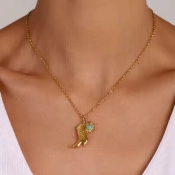 Jewelry - Western Necklace Gold Boot & Turquoise Sun Charm Waterproof Western Jewelry CUTE